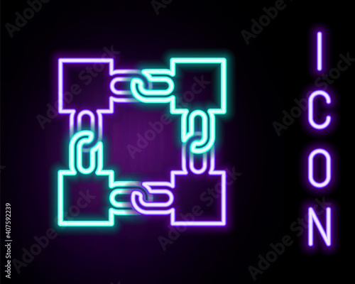 Glowing neon line Blockchain technology icon isolated on black background. Cryptocurrency data. Abstract geometric block chain network technology business. Colorful outline concept. Vector.