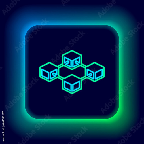 Glowing neon line Blockchain technology icon isolated on black background. Cryptocurrency data. Abstract geometric block chain network technology business. Colorful outline concept. Vector.