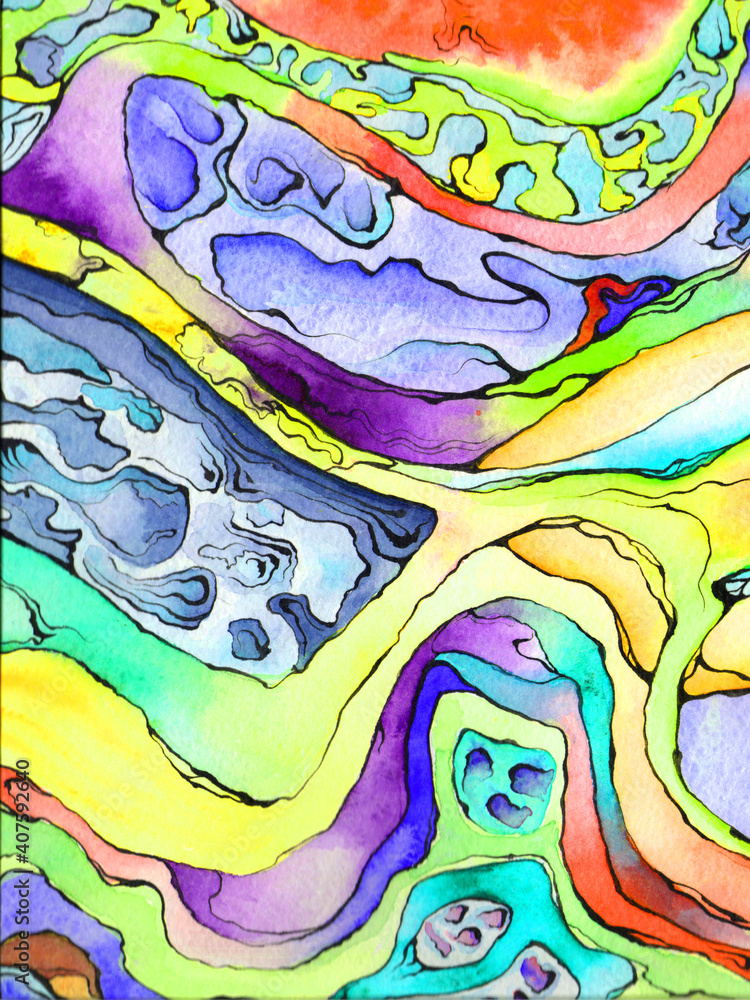 Obraz premium Watercolor abstract wallpaper, paint splashes and gradients, black outlines. Can be used for psychedelic background, wrapping or book cover. Raster stock illustration, traditional drawing.