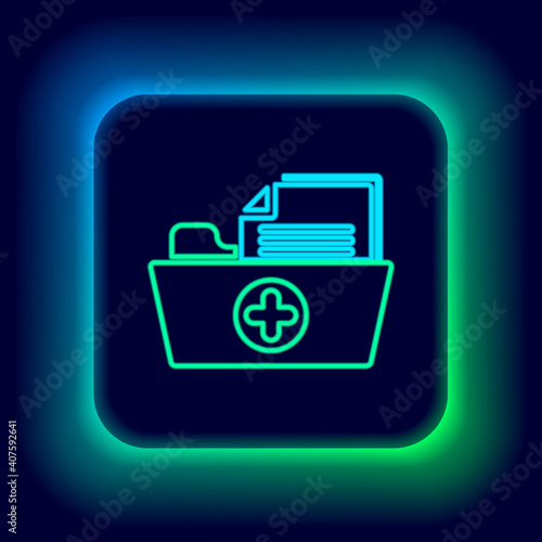 Glowing neon line Medical health record folder for healthcare icon isolated on black background. Patient file icon. Medical history symbol. Colorful outline concept. Vector.