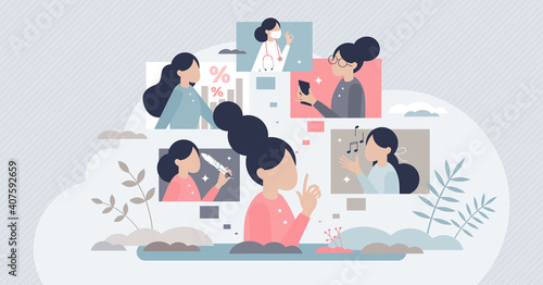 Career choice with various future occupation options tiny person concept