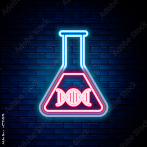 Glowing neon line DNA research, search icon isolated on brick wall background. Genetic engineering, genetics testing, cloning, paternity testing. Colorful outline concept. Vector.