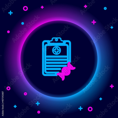 Glowing neon line Clipboard with DNA analysis icon isolated on black background. Genetic engineering, genetics testing, cloning, paternity testing. Colorful outline concept. Vector.
