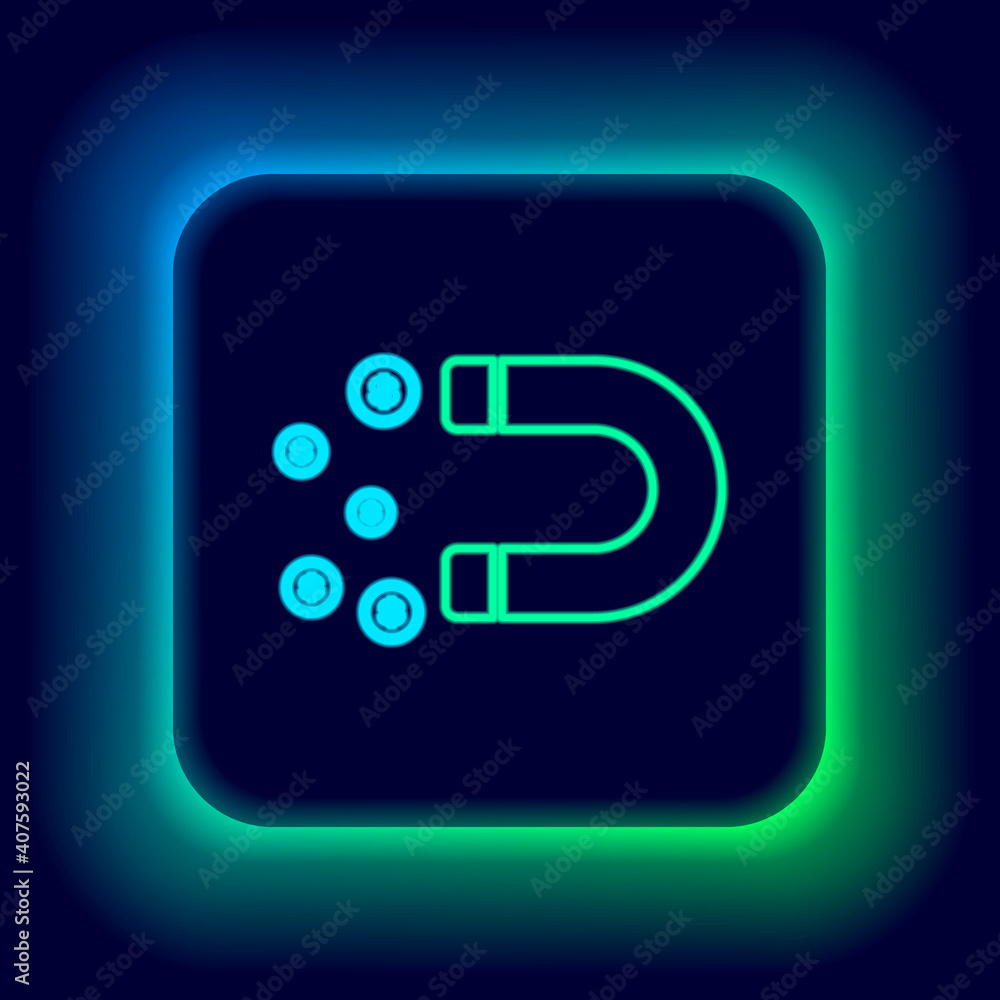 Glowing neon line Magnet with money icon isolated on black background. Concept of attracting investments, money. Big business profit attraction and success. Colorful outline concept. Vector. Glowing neon line Magnet with money icon isolated on black background. Concept of attracting investments, money. Big business profit attraction and success. Colorful outline concept. Vector.