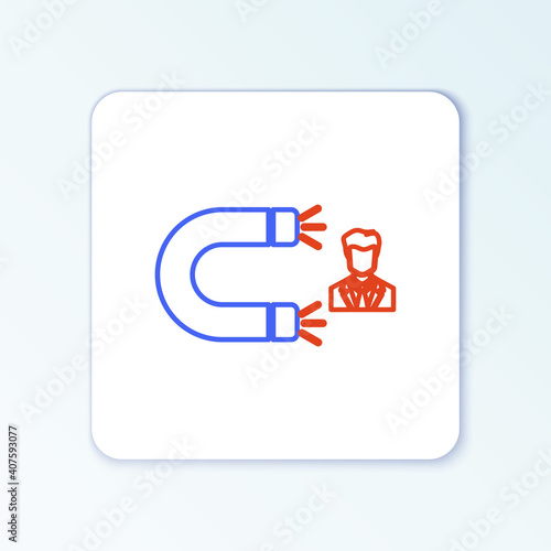 Line Customer attracting icon isolated on white background. Customer retention, support and service. Customer man attracting with magnet. Colorful outline concept. Vector.