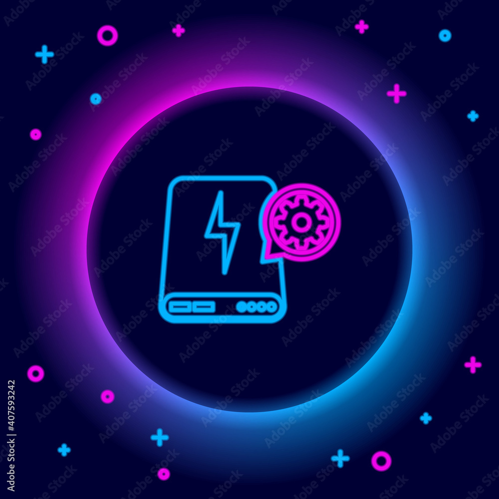 Glowing neon line Power bank and gear icon isolated on black background. Adjusting app, service concept, setting options, maintenance, repair, fixing. Colorful outline concept. Vector. Glowing neon line Power bank and gear icon isolated on black background. Adjusting app, service concept, setting options, maintenance, repair, fixing. Colorful outline concept. Vector.