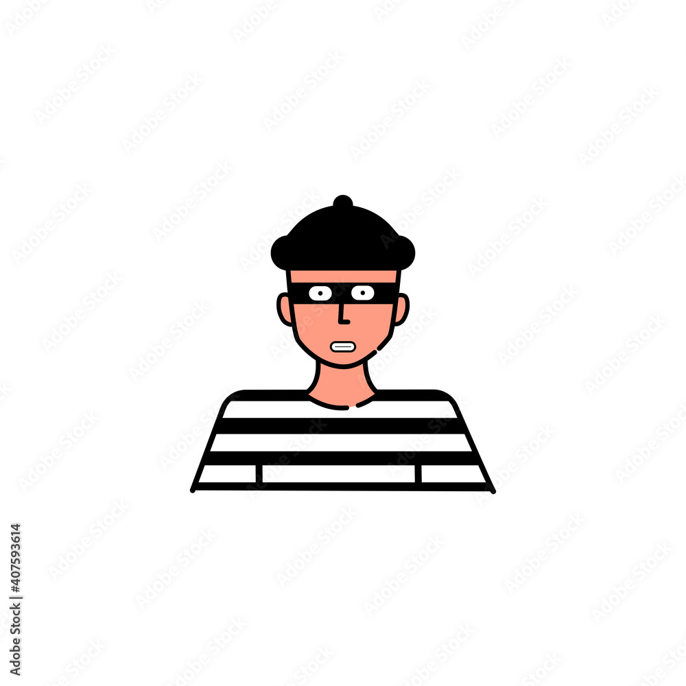 The robber man in black mask and stripped outfit. Robber man icon. Vector illustration in flat cartoon design. The robber man in black mask and stripped outfit. Robber man icon. Vector illustration in flat cartoon design.