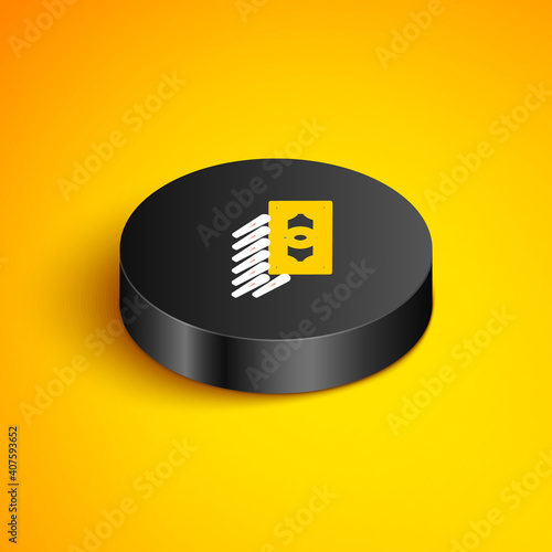 Isometric line Fast payments icon isolated on yellow background. Fast money transfer payment. Financial services, fast loan, time is money, cash back concept. Black circle button. Vector.