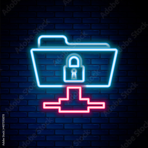 Glowing neon line FTP folder and lock icon isolated on brick wall background. Concept of software update, ftp transfer protocol. Security, safety, protection concept. Colorful outline concept. Vector.