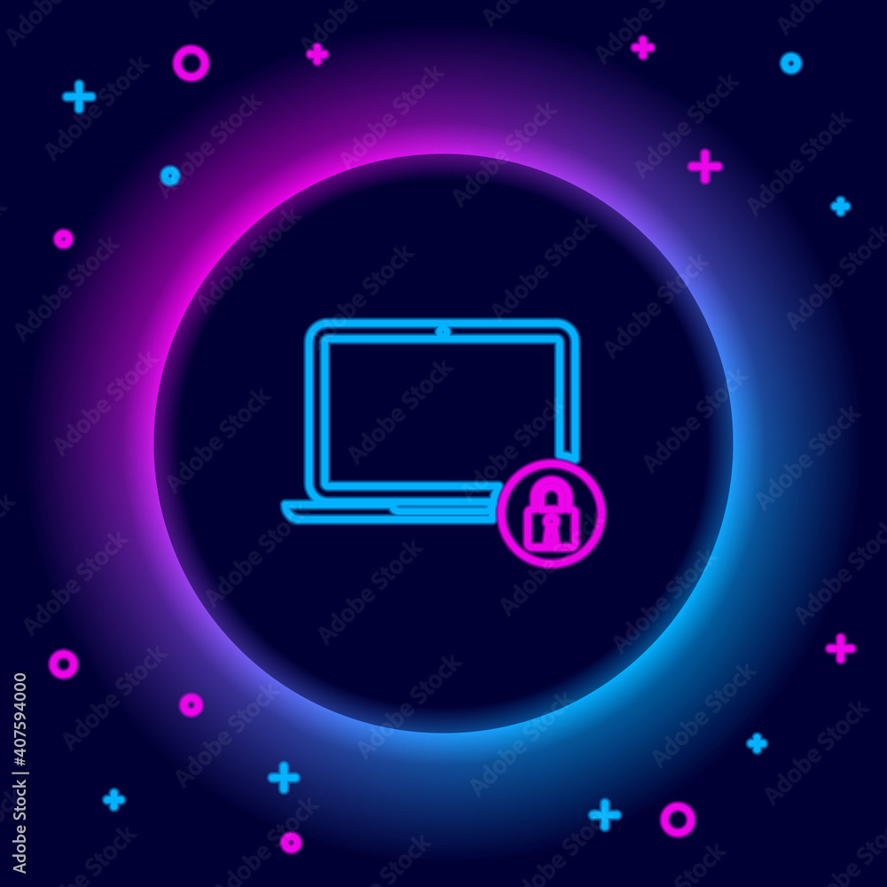 Glowing neon line Laptop and lock icon isolated on black background. Computer and padlock. Security, safety, protection concept. Safe internetwork. Colorful outline concept. Vector. Glowing neon line Laptop and lock icon isolated on black background. Computer and padlock. Security, safety, protection concept. Safe internetwork. Colorful outline concept. Vector.