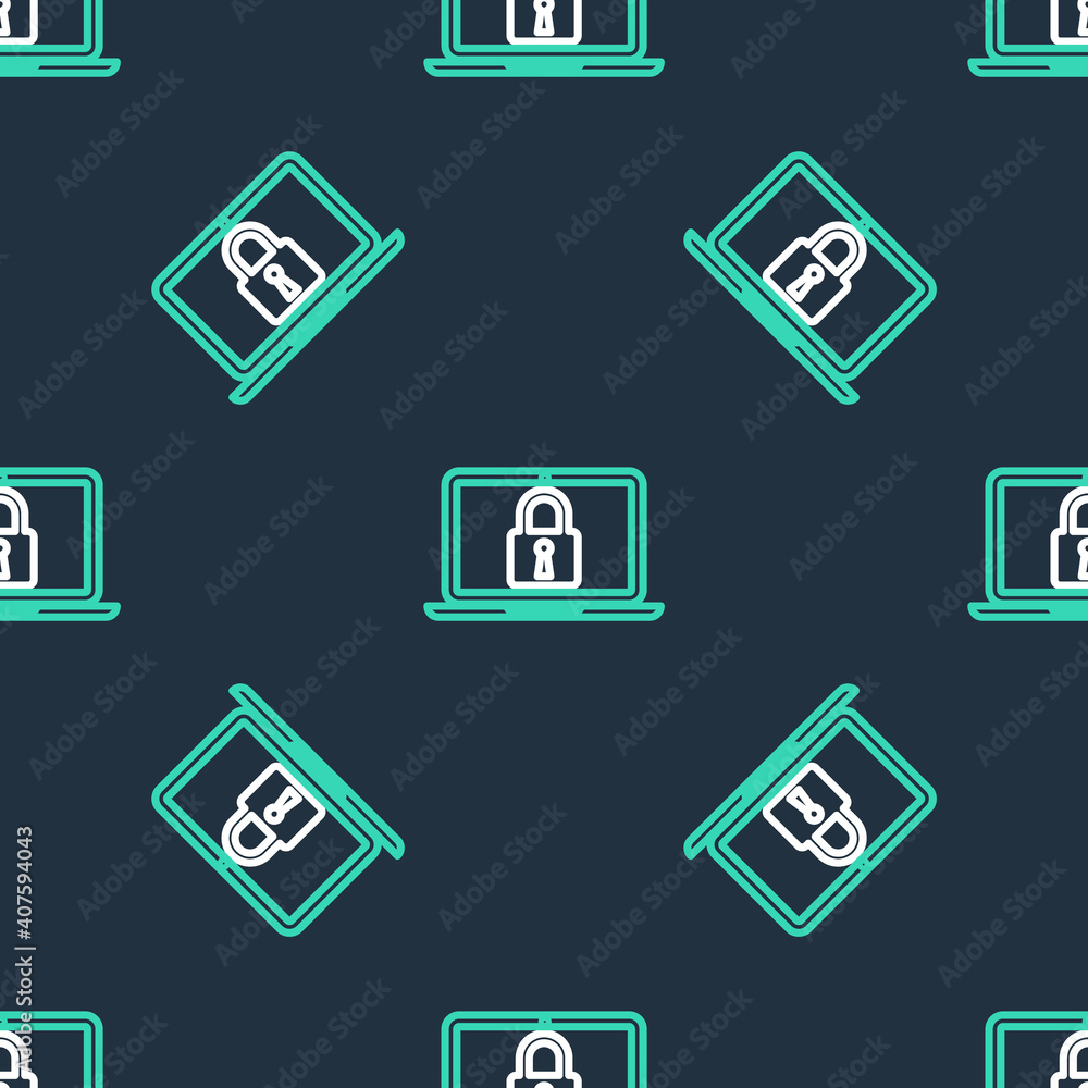 Line Laptop and lock icon isolated seamless pattern on black background. Computer and padlock. Security, safety, protection concept. Safe internetwork. Vector. Line Laptop and lock icon isolated seamless pattern on black background. Computer and padlock. Security, safety, protection concept. Safe internetwork. Vector.