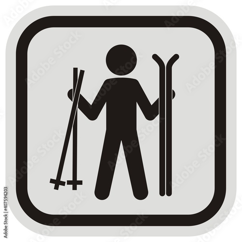 cross-country skier,person with ski poles and skies, black silhouette, vector icon, gray and black frame
