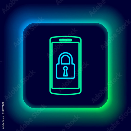 Glowing neon line Smartphone with closed padlock icon isolated on black background. Phone with lock. Mobile security, safety, protection concept. Colorful outline concept. Vector.