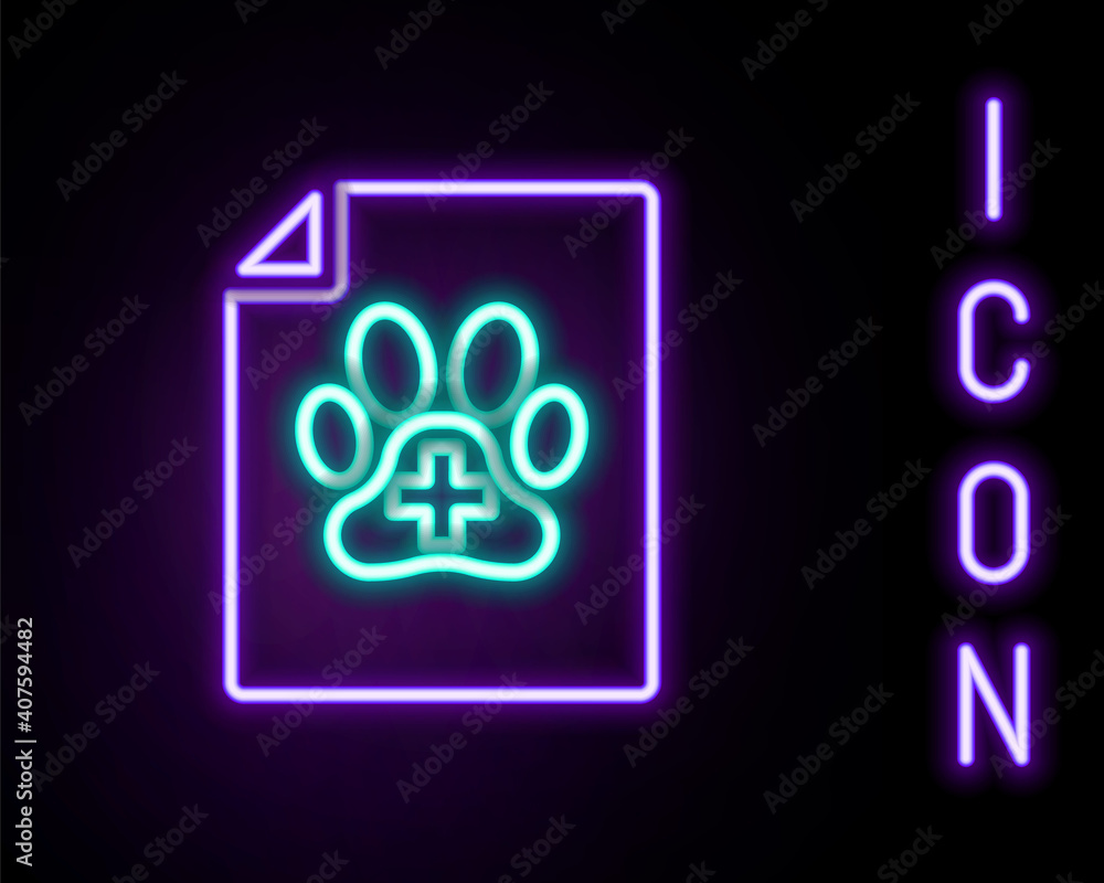 Glowing neon line Medical certificate for travel with dog or cat icon isolated on black background. Document for pet. Dog or cat paw print. Colorful outline concept. Vector. Glowing neon line Medical certificate for travel with dog or cat icon isolated on black background. Document for pet. Dog or cat paw print. Colorful outline concept. Vector.