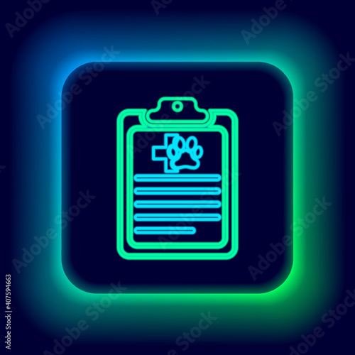 Glowing neon line Clipboard with medical clinical record pet icon isolated on black background. Health insurance form. Medical check marks report. Colorful outline concept. Vector.