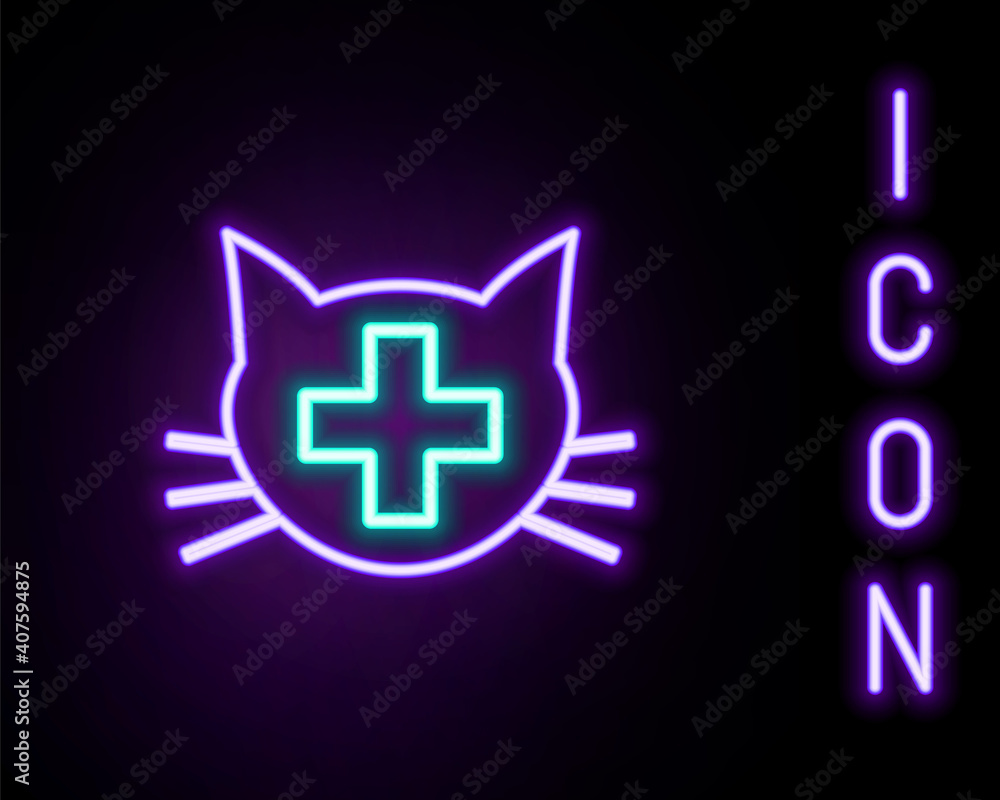 Obraz premium Glowing neon line Veterinary clinic symbol icon isolated on black background. Cross with cat veterinary care. Pet First Aid sign. Colorful outline concept. Vector.