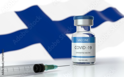 COVID 19 Vaccine approved and launched in Finland. Corona Virus SARS CoV 2, 2021 nCoV vaccine delivery. Finland flag on background and vaccine bottle. 3D illustration 