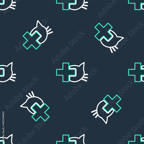 Line Veterinary clinic symbol icon isolated seamless pattern on black background. Cross with cat veterinary care. Pet First Aid sign. Vector.