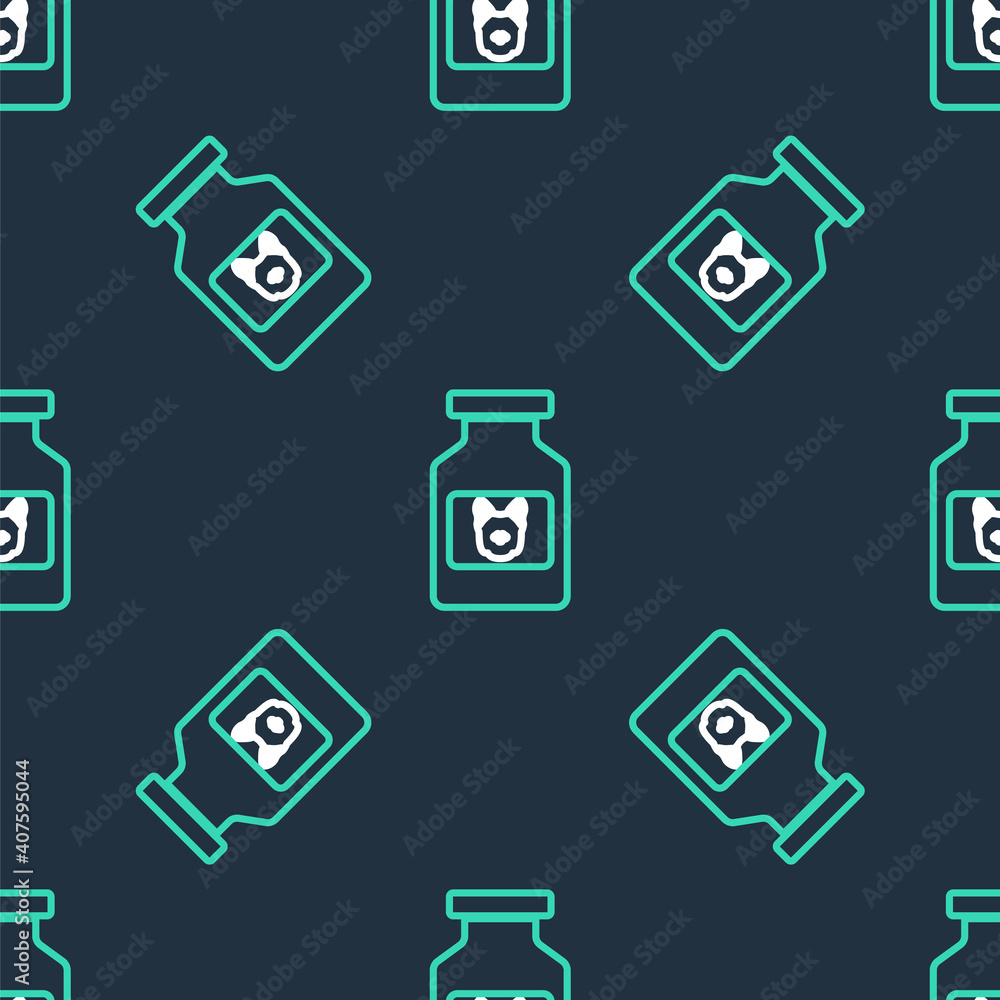 Line Dog medicine bottle icon isolated seamless pattern on black background. Container with pills. Prescription medicine for animal. Vector.