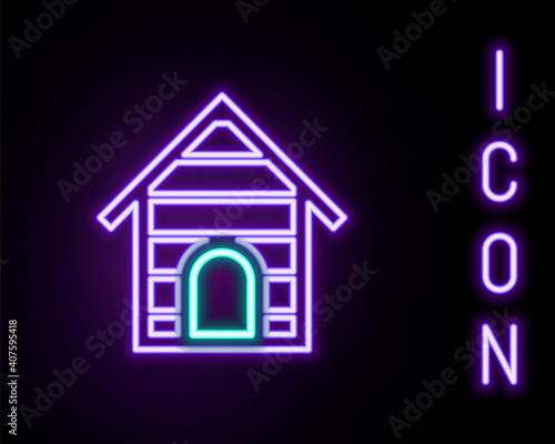 Glowing neon line Dog house icon isolated on black background. Dog kennel. Colorful outline concept. Vector.