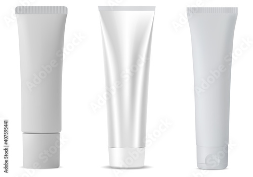 White cosmetic tube mockup, vector plastic blank isolated package for lotion or toothpaste. Empty face skin creme or gel container realistic mock up. Small or large hand ointment pack