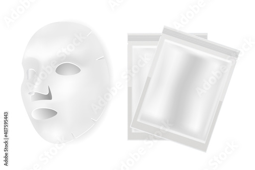Facial mask sheet, vector beauty package mockup design. Face cosmetic collagen product isolated on white background. Clear foil pouch silver blank for cotton mask. Treatment sample wrapper