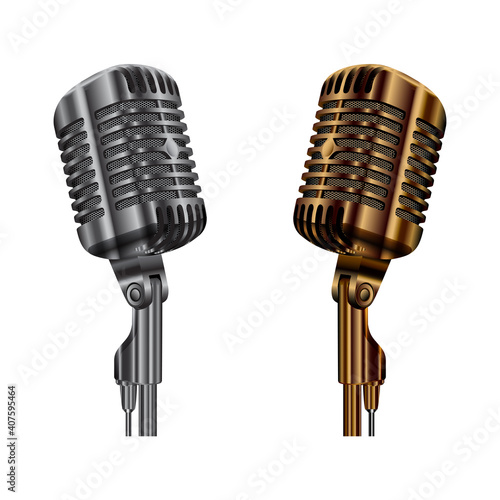 Vintage microphone vector. Radio studio audio mic. Concert stage or karaoke microphone, golden and silver metal equipment illustration. Voice sound record professional performance mic design