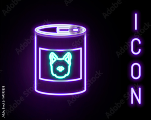 Glowing neon line Canned food for dog icon isolated on black background. Food for animals. Pet dog food can. Colorful outline concept. Vector.