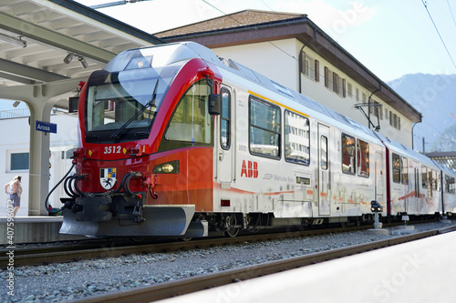 Train on Arosa railway station, Switzerland.