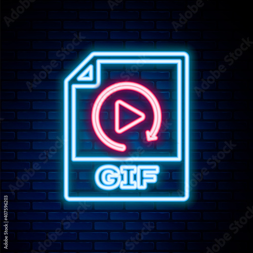 Glowing neon line GIF file document. Download gif button icon isolated on brick wall background. GIF file symbol. Colorful outline concept. Vector.