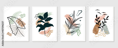Botanical watercolor wall art vector set. Earth tone boho foliage line art drawing with  abstract shape.  Abstract Plant Art design for wall framed prints, canvas prints, poster, home decor.