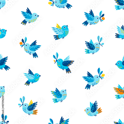 Birds with citrus tree branches summer seamless vector pattern. Flying birds illustration isolated on white background.