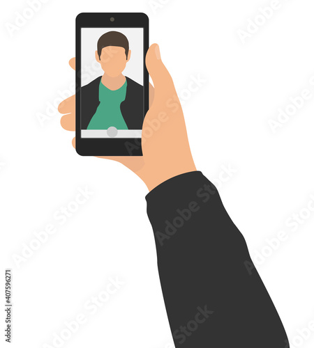 Male hand holding mobile phone and taking photo selfie. Self portrait of man on display or screen of smartphone. Vector illustration.