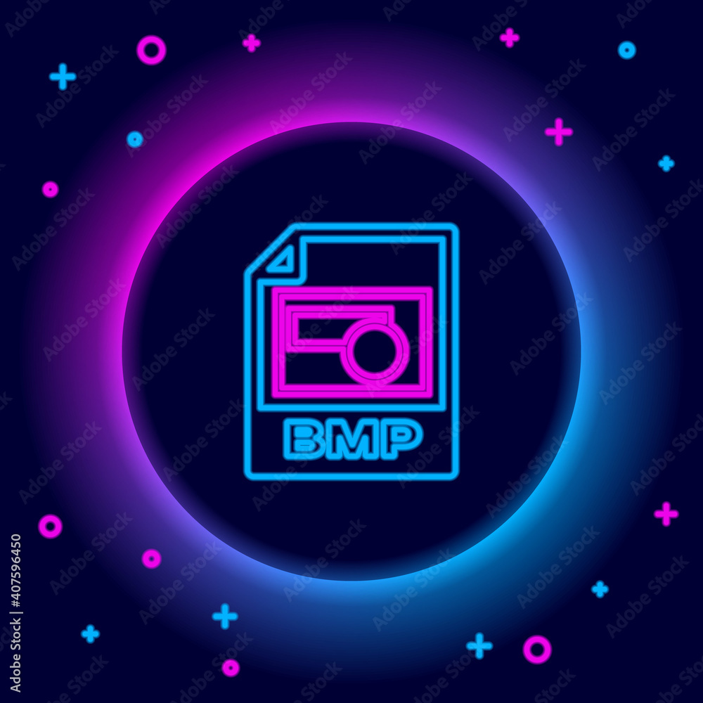 Glowing neon line BMP file document. Download bmp button icon isolated on black background. BMP file symbol. Colorful outline concept. Vector. Glowing neon line BMP file document. Download bmp button icon isolated on black background. BMP file symbol. Colorful outline concept. Vector.