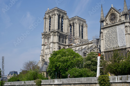 Notre dame cathedral with black spots of the great fire.