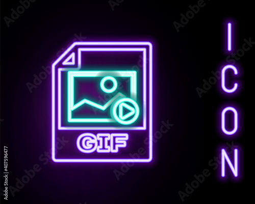 Glowing neon line GIF file document. Download gif button icon isolated on black background. GIF file symbol. Colorful outline concept. Vector.