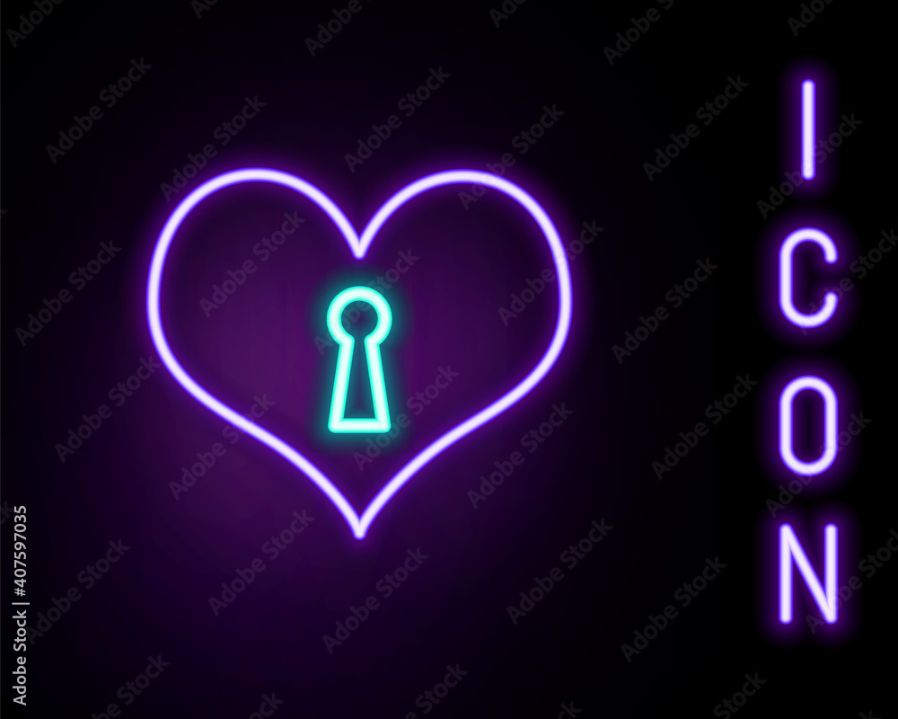 Glowing neon line Heart with keyhole icon isolated on black background. Locked Heart. Love symbol and keyhole sign. Colorful outline concept. Vector. Glowing neon line Heart with keyhole icon isolated on black background. Locked Heart. Love symbol and keyhole sign. Colorful outline concept. Vector.