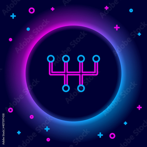 Glowing neon line Gear shifter icon isolated on black background. Transmission icon. Colorful outline concept. Vector.