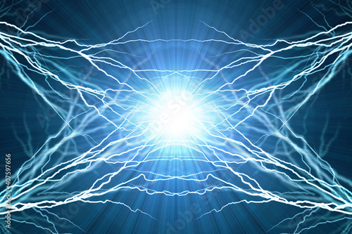 Photography Electric  flash of lightning on a blue background