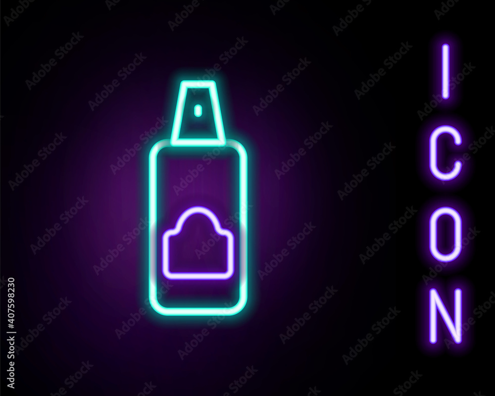 Glowing neon line Spray can for hairspray, deodorant, antiperspirant icon isolated on black background. Colorful outline concept. Vector. Glowing neon line Spray can for hairspray, deodorant, antiperspirant icon isolated on black background. Colorful outline concept. Vector.