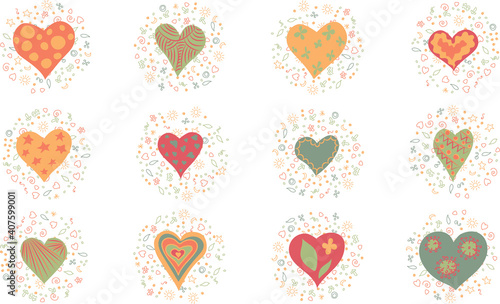 Cosy hearts hand drawn set. Colored with decorations. Decor circle. Vector illustration.