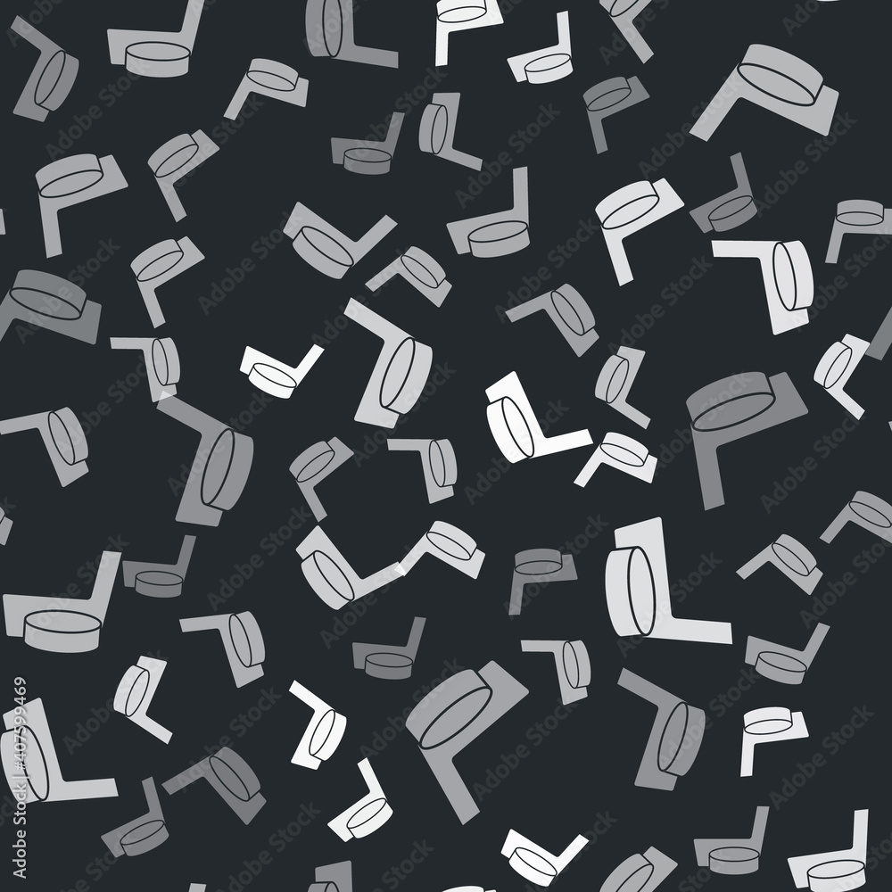 Grey Ice hockey stick and puck icon isolated seamless pattern on black background. Vector. Grey Ice hockey stick and puck icon isolated seamless pattern on black background. Vector.