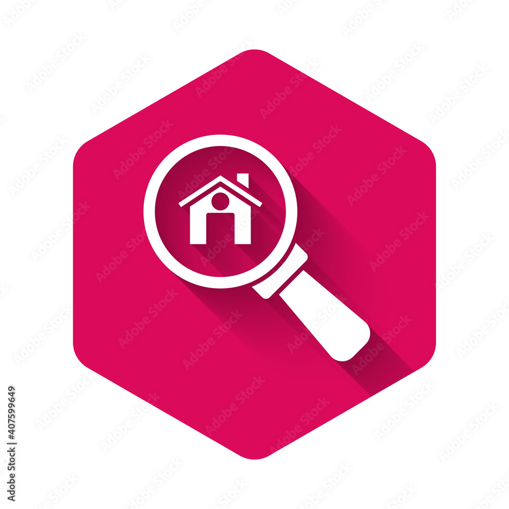 White Search house icon isolated with long shadow background. Real estate symbol of a house under magnifying glass. Pink hexagon button. Vector. White Search house icon isolated with long shadow background. Real estate symbol of a house under magnifying glass. Pink hexagon button. Vector.