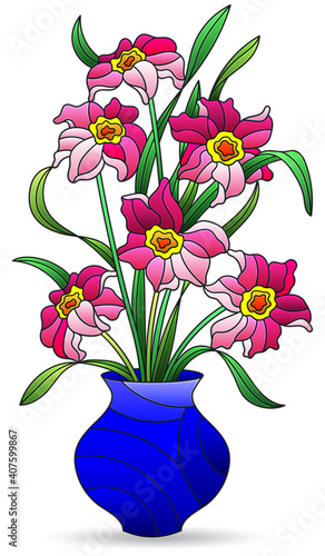 Illustration in stained glass style with an isolated element, a bouquet of daffodil flowers on a white background