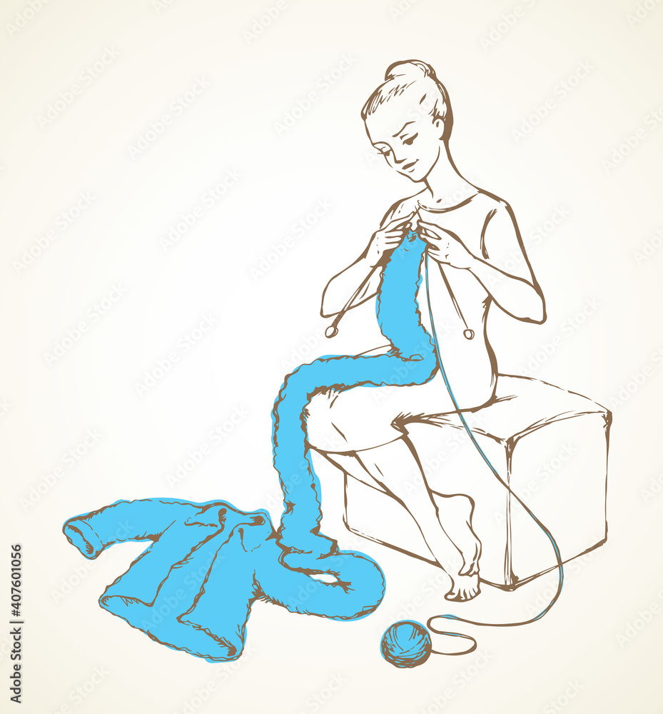 Woman overdone with knitting. Vector sketch drawing Woman overdone with knitting. Vector sketch drawing