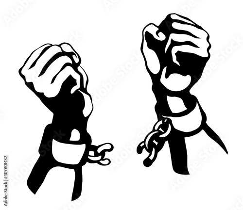 Hands tearing shackles. Vector drawing