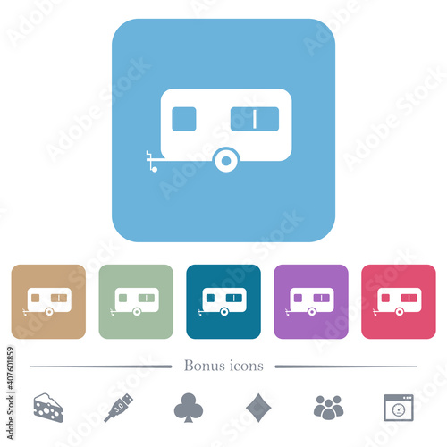 Caravan trailer flat icons on color rounded square backgrounds