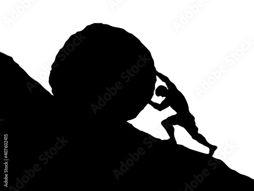 A man rolls a stone up the hill. Vector drawing
