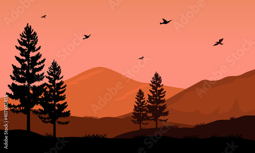 Very beautiful nature scenic at sunset in the countryside. Vector illustration