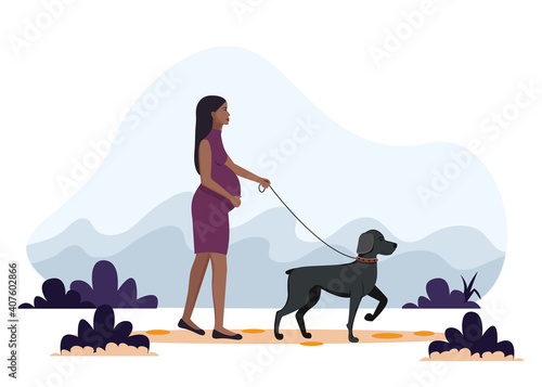 African American pregnant woman walking the dog. Vector illustration in flat style, concept illustration for healthy lifestyle, sport, exercising